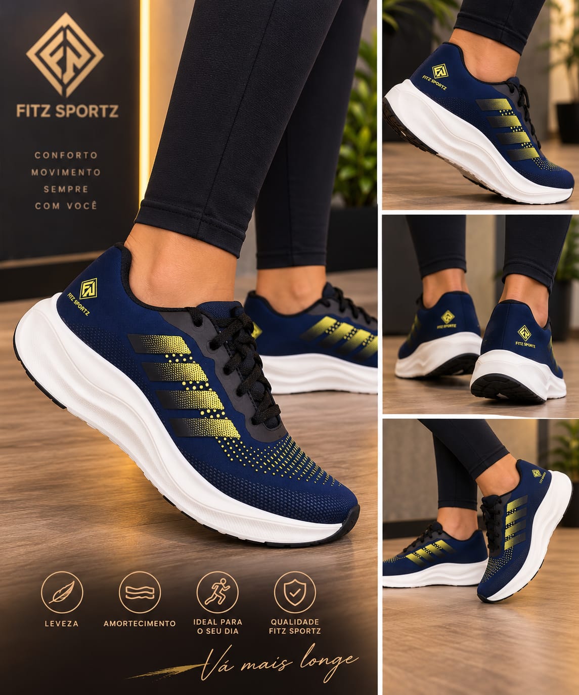 Tênis Esportivo Azul-Marinho com Detalhes Amarelos – Conforto e Visual Moderno - miniatura 3